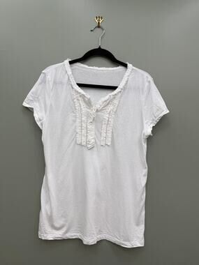 LOFT White Ruffle Trim Tee Top Soft Feminine Cottagecore Size L